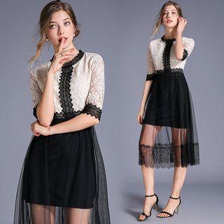Elbow-sleeve Lace Paneled A-line Midi Dress