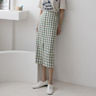 Slit-front Plaid Long Pencil Skirt