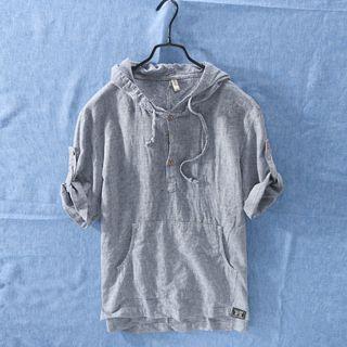 Short-sleeve Striped Hooded Linen Top