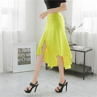 Band-waist Asymmetric-hem Long A-line Skirt