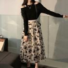 Long-sleeve Cold Shoulder Top / Floral Mesh Midi A-line Skirt
