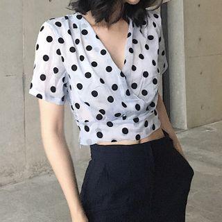 V-neck Polka-dot Cropped Chiffon Blouse