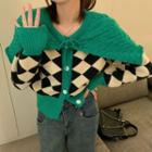 Long-sleeve Plaid Panel Knit Cardigan Green - One Size