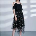 Set: Elbow-sleeve A-line Dress + Embroidered Midi Skirt