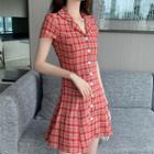 Plaid Short-sleeve Mini A-line Dress As Shown In Figure - One Size