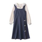 Sailor Collar Top / Bow Slit Midi A-line Overall Dress / Set