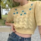 Short-sleeve Floral Embroidered Crop Knit Top