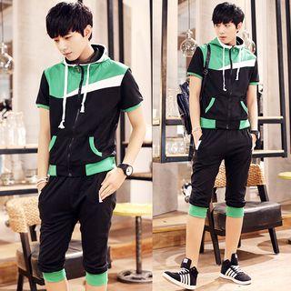 Set: Short-sleeve Color Block Zip Jacket + Capri Sweatpants