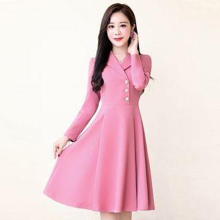 Plain Collared Long-sleeve Midi A-line Dress
