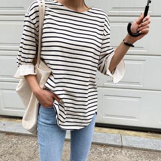 Elbow-sleeve Stripe T-shirt Navy Blue - One Size