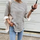 Elbow-sleeve Stripe T-shirt Navy Blue - One Size