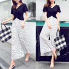 Set: V-neck Short-sleeve T-shirt + Polka Dot Wide Leg Pants