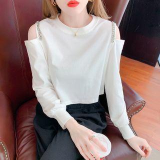 Long-sleeve Chain Accent Cold-shoulder T-shirt
