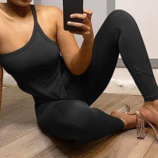 Set: Plain One-shoulder Irregular Top + Plain High Waist Skinny Pants