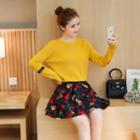 Set: Applique Sweater + Flower Print A-line Skirt