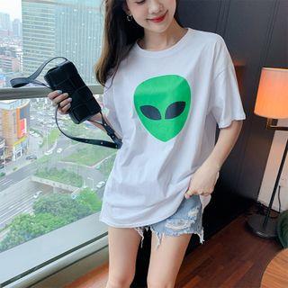 Elbow-sleeve Alien Print T-shirt White - One Size