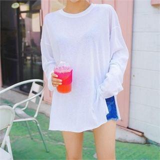 Round-neck Slit-hem T-shirt White - One Size