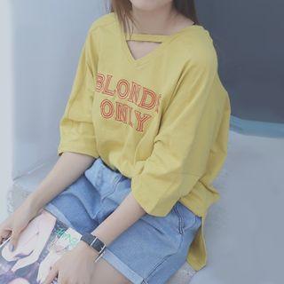 Lettering Embroidered Elbow-sleeve T-shirt