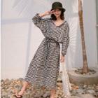 Long-sleeve Plaid Hooded Midi Dress With Sash