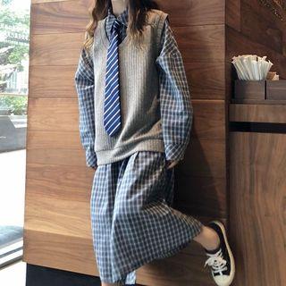 Plaid Midi Shirt Dress / Knit Vest