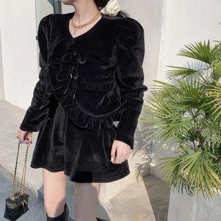 Ruffle Trim Velvet Jacket / A-line Skirt
