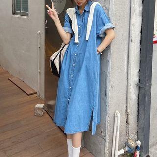 Short-sleeve Denim Midi Shirt Dress