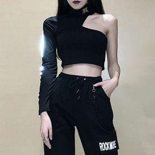 Mock-turtleneck Buckled One-shoulder Cropped T-shirt Black - One Size