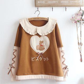 Mock Two-piece Embroidered Pullover Brown - One Size
