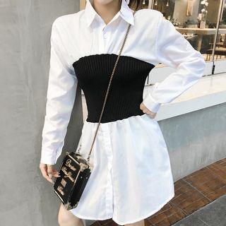 Mock Two-piece Long-sleeve Shirt Dress White - One Size
