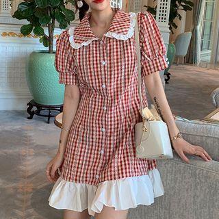 Short-sleeve Frill Trim Buttoned Gingham A-line Mini Dress