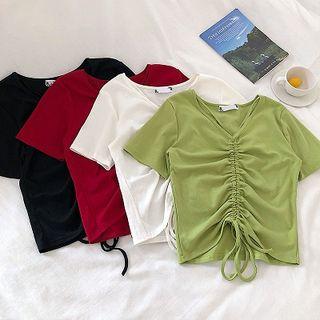 Plain V-neck Slim-fit Drawcord Short-sleeve Top