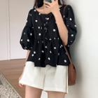 Elbow-sleeve Dotted Lace-up Blouse