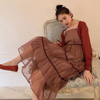 Spaghetti Strap Midi Mesh Dress / Cropped Cardigan