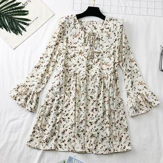 Tie-neckline Ruffled Floral A-line Dress