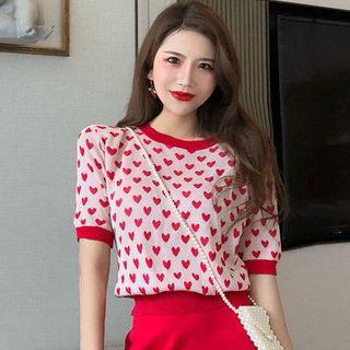 Short-sleeve Heart Jacquard Knit Top