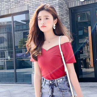 Short-sleeve Off-shoulder V-neck T-shirt