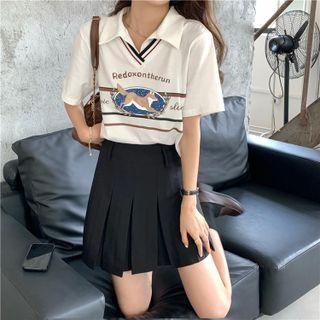 Short-sleeve Mock Two-piece Printed Top White - One Size