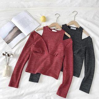 Plain Mock Two-piece Off-shoulder Long-sleeve Top