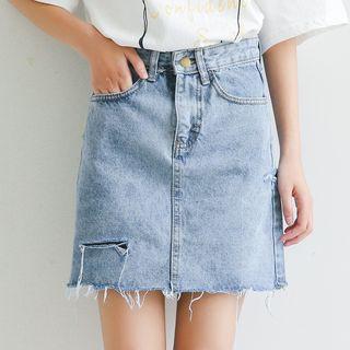 Ripped Washed A-line Denim Skirt
