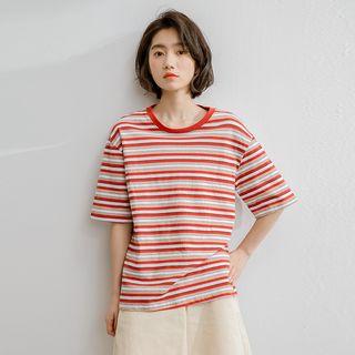 Striped Elbow-sleeve T-shirt Stripe - Red - One Size