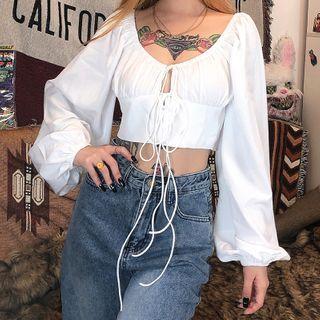 Lace-up Lantern-sleeve Cropped Blouse