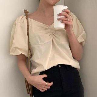 Balloon-sleeve Shirred Blouse Almond - One Size