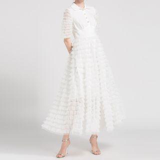 Elbow-sleeve Lace Panel Maxi Dress