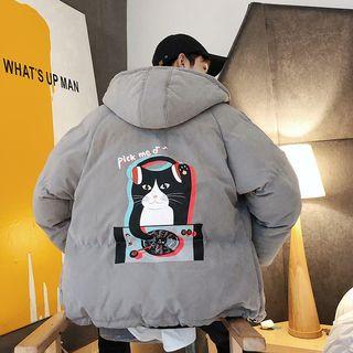 Cat Print Hooded Padded Zip Jacket
