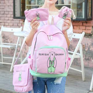 Set: Bear Print Backpack + Cross Bag + Pouch + Drawstring Pouch