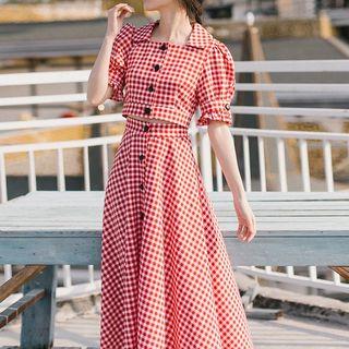 Set: Elbow-sleeve Checker Cropped Shirt + A-line Midi Skirt