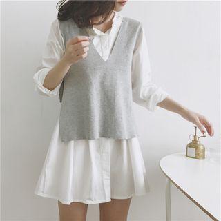 Plain Shirt Dress / Plain Knit Vest