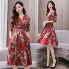 3/4 Sleeve V-neck Floral Print Dress