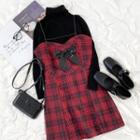Long-sleeve High-neck Knit Top / Plaid Bow Mini Spaghetti-strap Dress