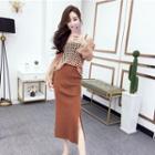 Set: Long-sleeve Perforated Top + Camisole Top + Midi Knit Skirt Khaki - One Size